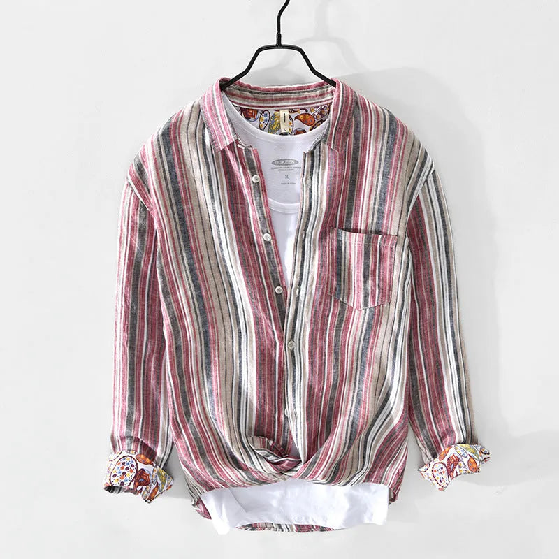 Men's linen shirt casual striped long sleeve loose fit for spring summer wear available in red and grey colours with Asian sizing M to XXXL options for youth and adult males