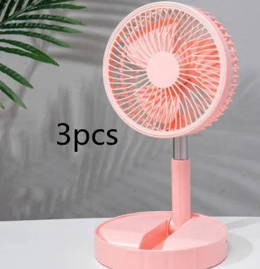 Black telescopic portable folding fan shown extended to full height on a desk, with control panel visible.