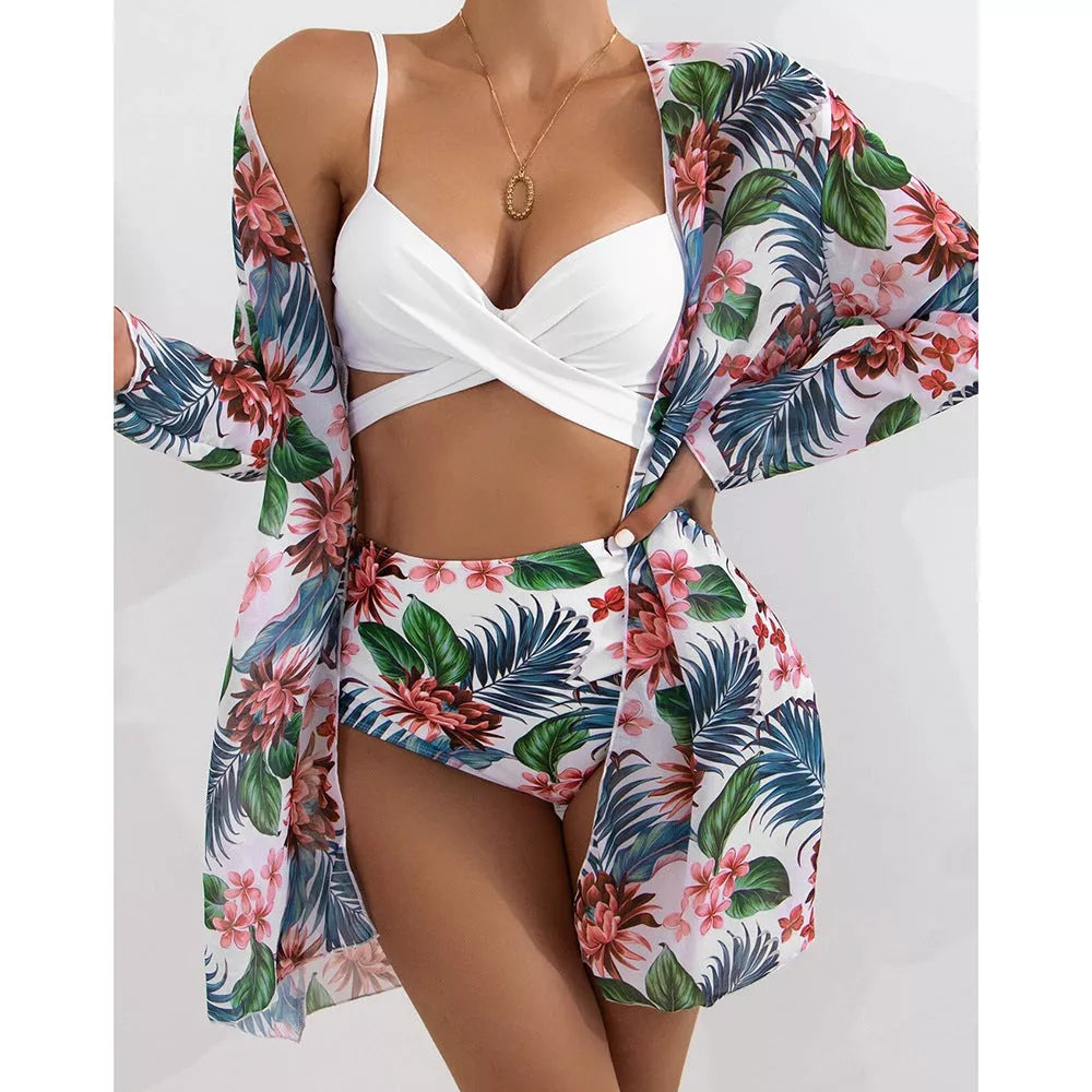 Three-piece mesh split bikini in vibrant colors, perfect for summer beach outings