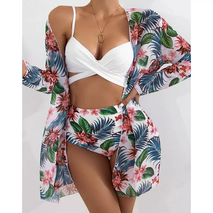 Three-piece mesh split bikini in vibrant colors, perfect for summer beach outings