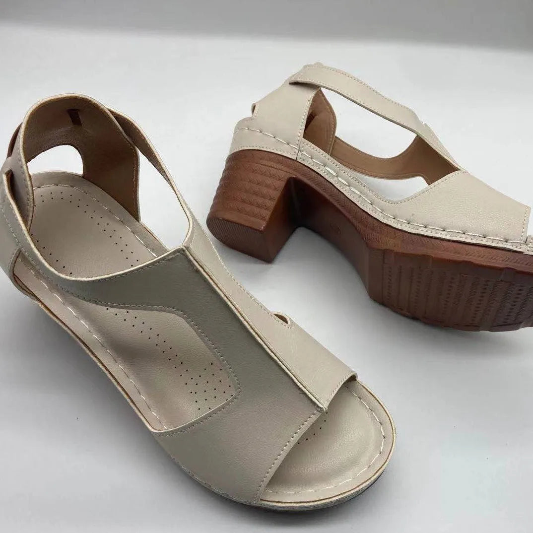 Plus size women's peep toe wedge sandals with adjustable buckle strap in light brown colour