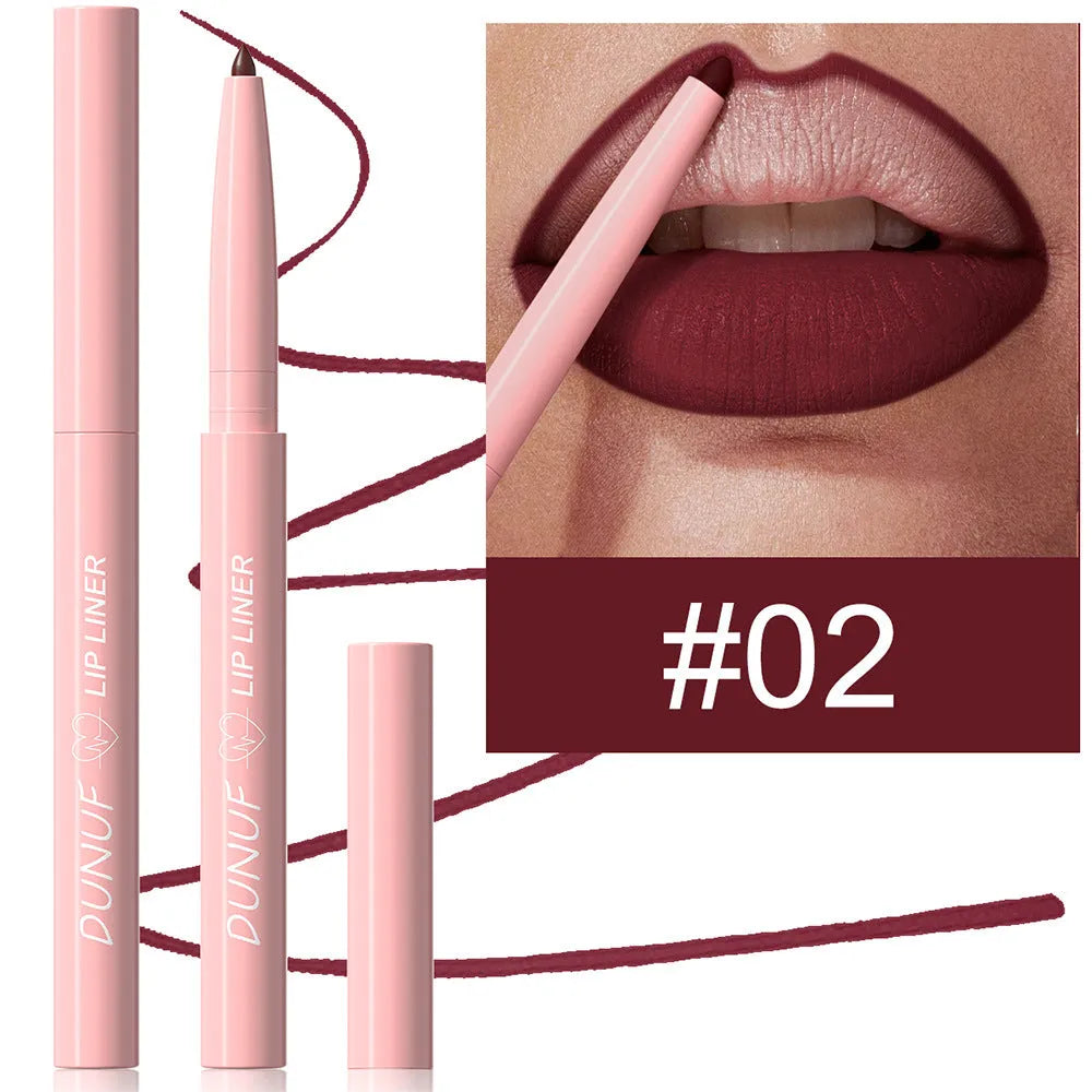 Velvet matte lip liner pencil in one of 12 colours with soft blunt tip for lip definition