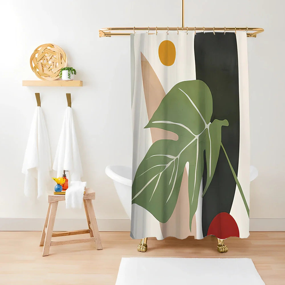 Green plant print shower curtain with waterproof polyester material in bathroom setting