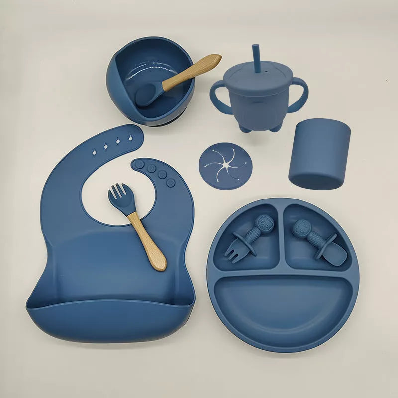 10-piece baby feeding silicone tableware set in various colors, safe and durable for first meals