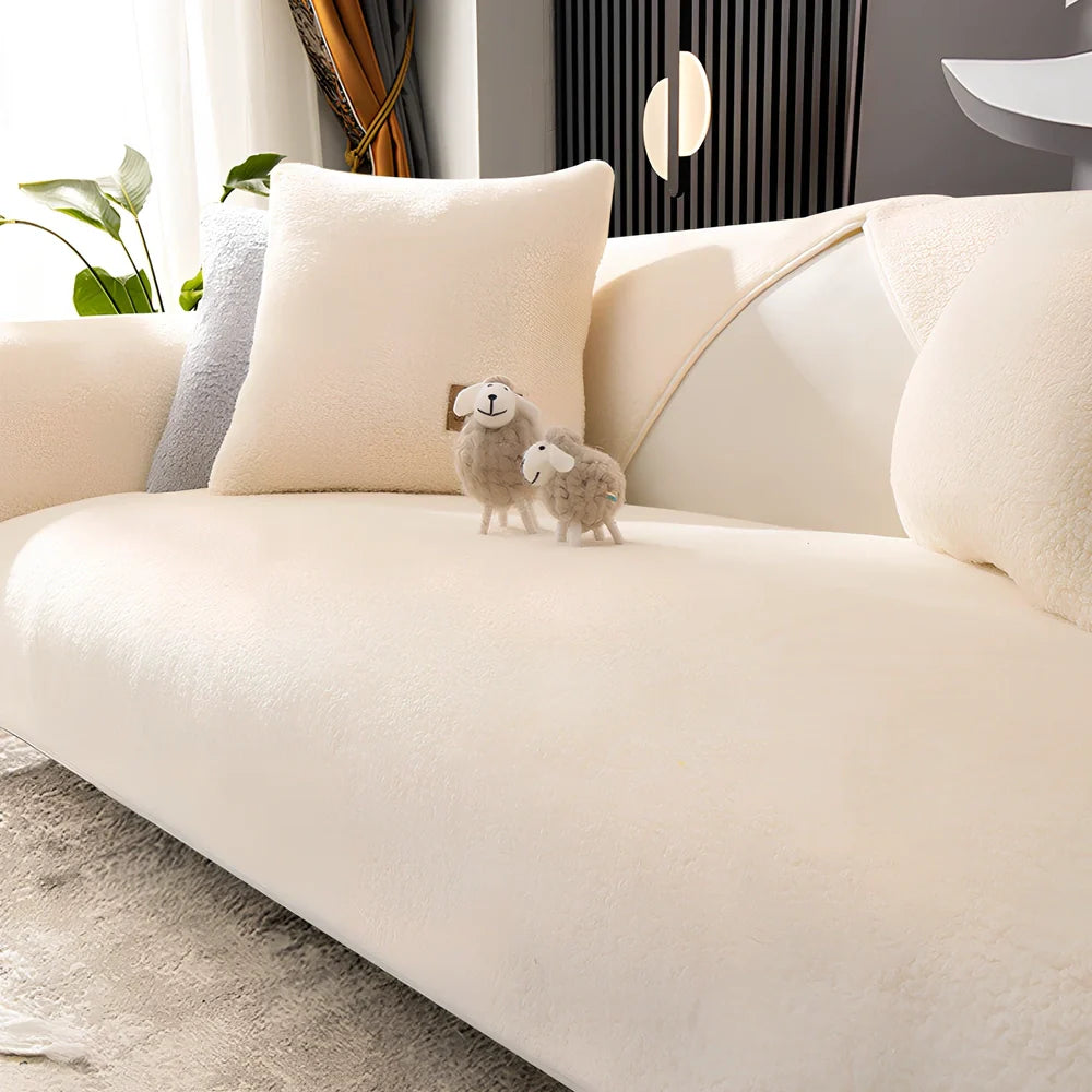 Non-slip lambswool sofa cushion in solid colour with silicone dot backing on flannel fabric