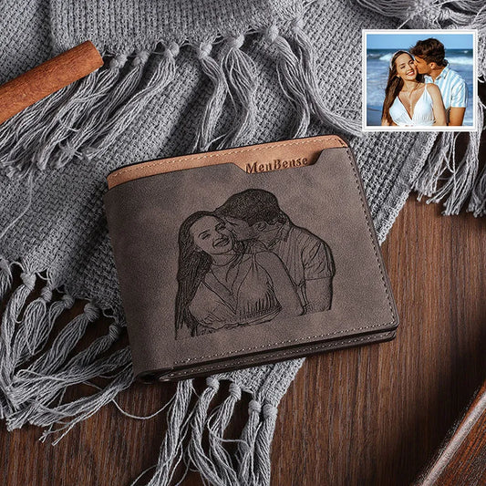 Coffee coloured engraved horizontal short wallet with photo personalisation, showing 120x99x25mm dimensions and 7-slot design
