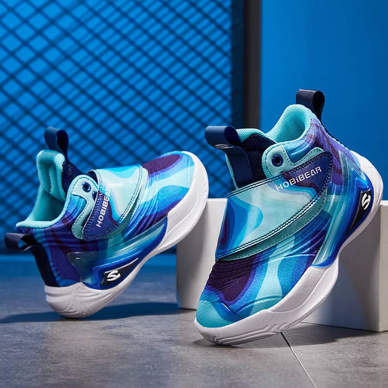 Children's breathable PU leather and mesh basketball shoes with Velcro closure in purple blue and purple yellow