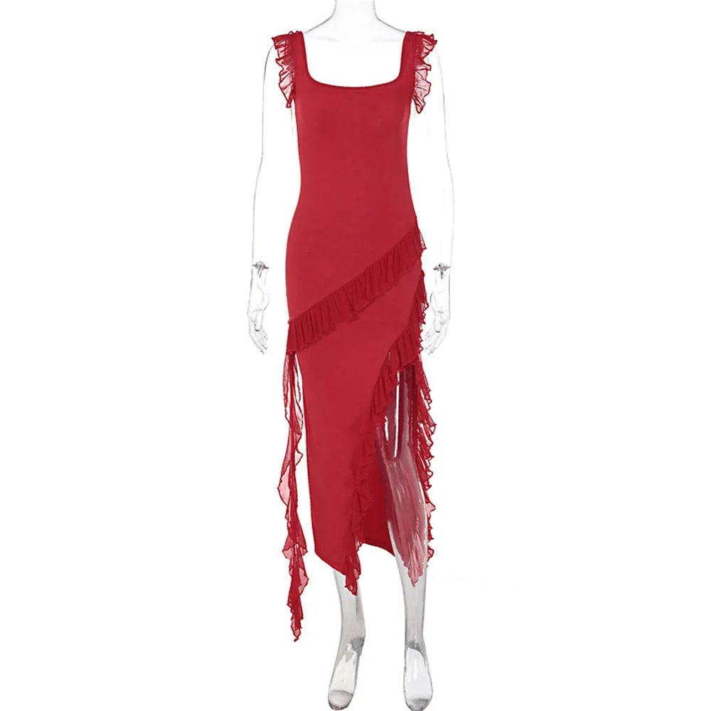 Chic spaghetti strap maxi dress with thigh-high slit in various colors