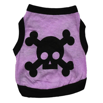 Blue dog vest with orange skull bones pattern, tank top style for a small dog.