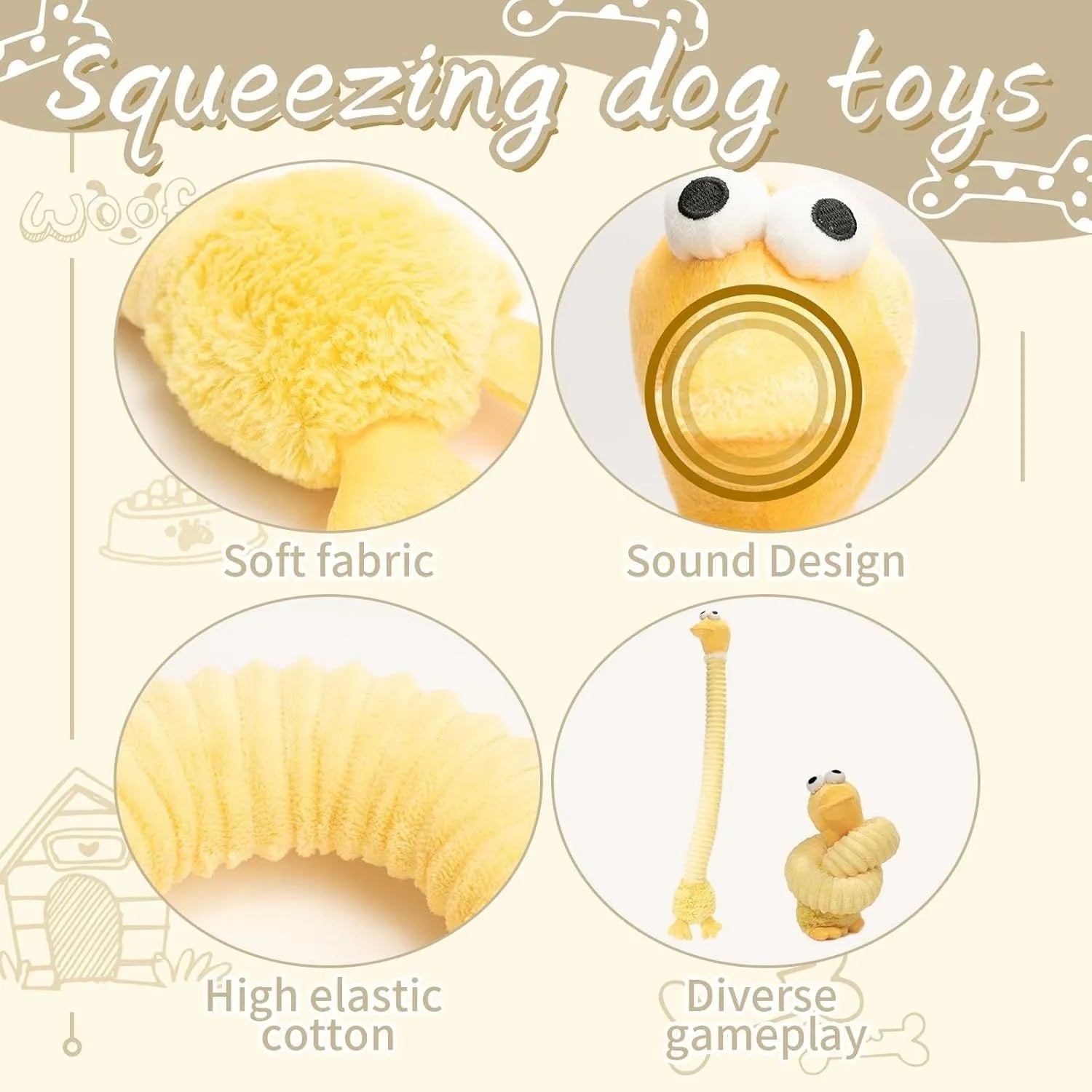 Assorted plush squeaky dog toys with crinkle texture in brown, grey, and yellow colours showing foldable design