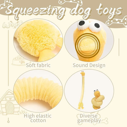 Assorted plush squeaky dog toys with crinkle texture in brown, grey, and yellow colours showing foldable design