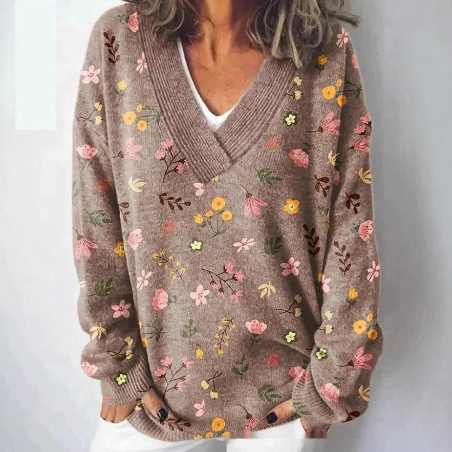 Women's V-neck long sleeve sweatshirt with a 3D floral print pattern in art retro style.
