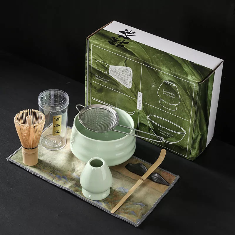 Japanese Matcha Tea Set with ceramic bowl and brush in clear glaze