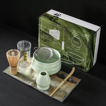 Japanese Matcha Tea Set with ceramic bowl and brush in clear glaze