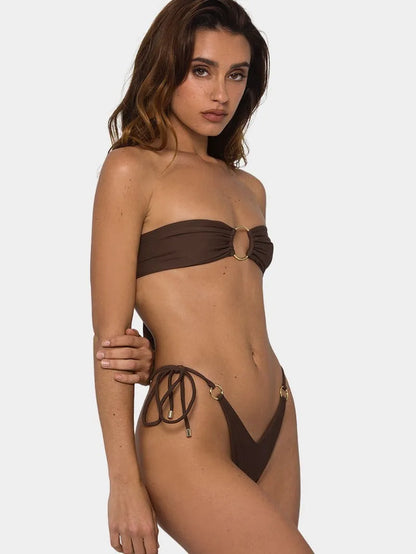 Brown tube-top push-up bikini swimsuit with ring tether detail and split style bottom for women's swimming
