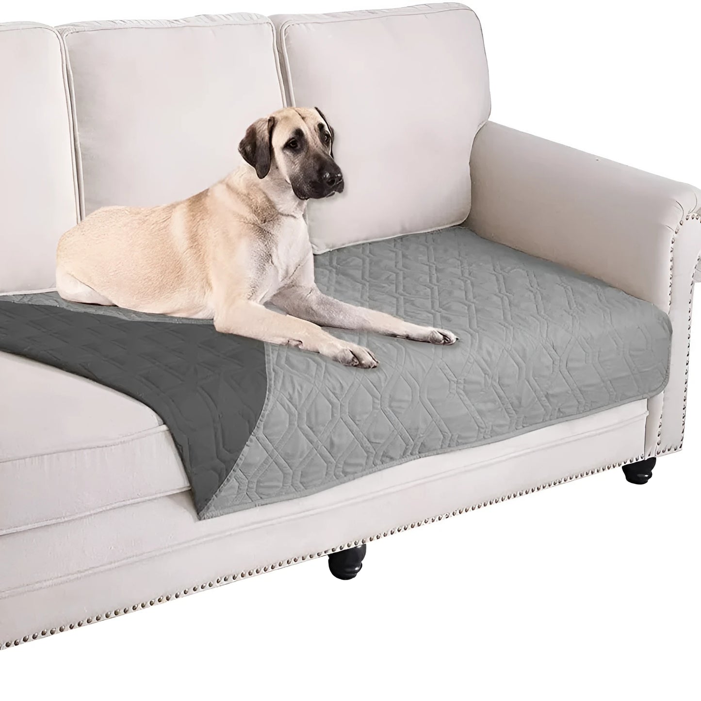 Reversible dog blanket sofa cover in burgundy and grey, laid flat on a sofa