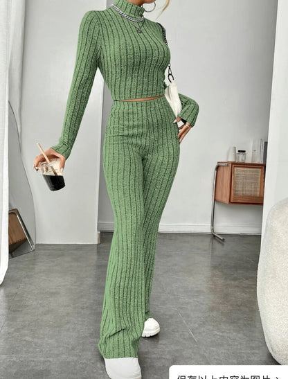 Women's cotton long sleeve turtleneck and wide leg high waist trousers set in various colors
