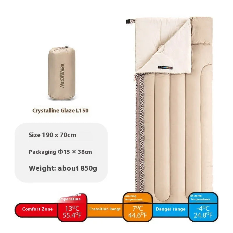 Four seasons camping sleeping bag with dirt-resistant fabric in Jiangnan Spring colour, showing 190x75cm dimensions and storage bag