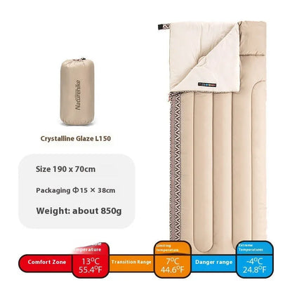 Four seasons camping sleeping bag with dirt-resistant fabric in Jiangnan Spring colour, showing 190x75cm dimensions and storage bag