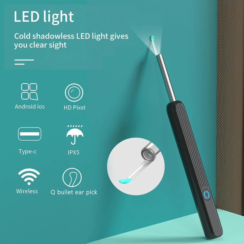Wireless otoscope with 360-degree HD camera and LED light for safe and effective earwax removal