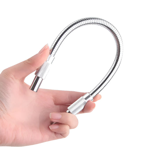 Silver metal flexible shaft with a 6.35mm shank for cordless drills and electric grinders.