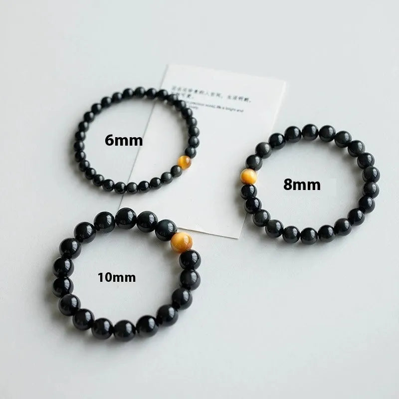 Obsidian bracelet with 10mm black stone geometric beads in Korean unisex style
