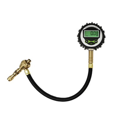Red and black mechanical automobile tyre pressure gauge with metal body and rubber shell.