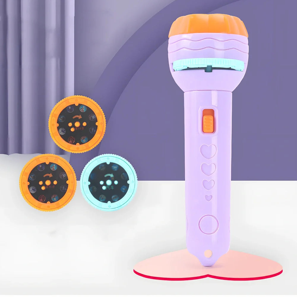 Red plastic cartoon projection flashlight showing rotating lens for 80 pattern changes