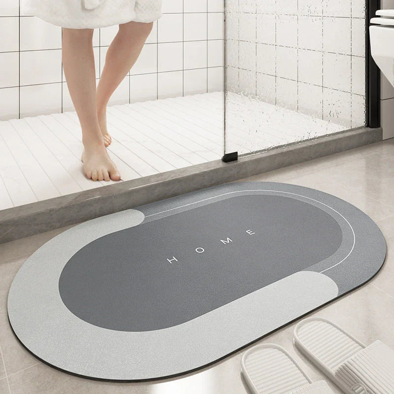 Plush bath mat with rectangle or oval design in various colors and sizes for bathrooms with sliding doors
