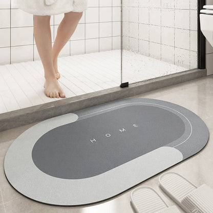 Plush bath mat with rectangle or oval design in various colors and sizes for bathrooms with sliding doors