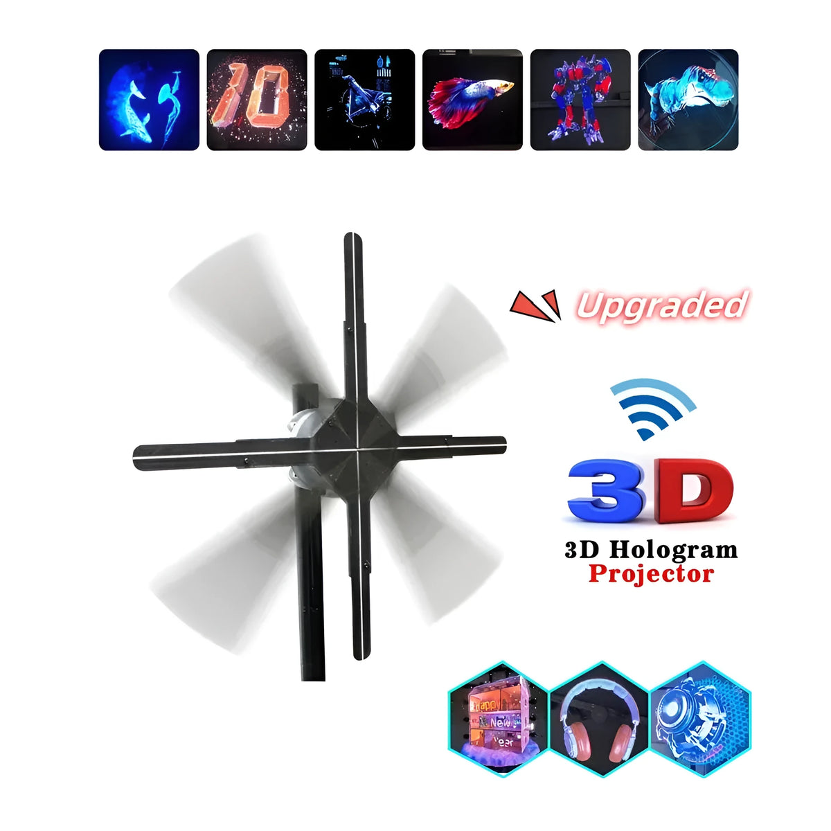 Black naked eye 3D holographic LED fan screen display unit on a floor stand.