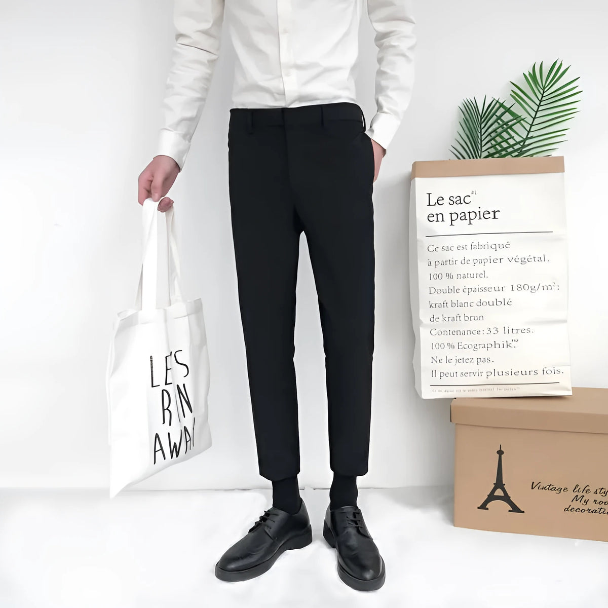 Men's straight-leg cotton casual trousers in khaki with a drawstring waistband.