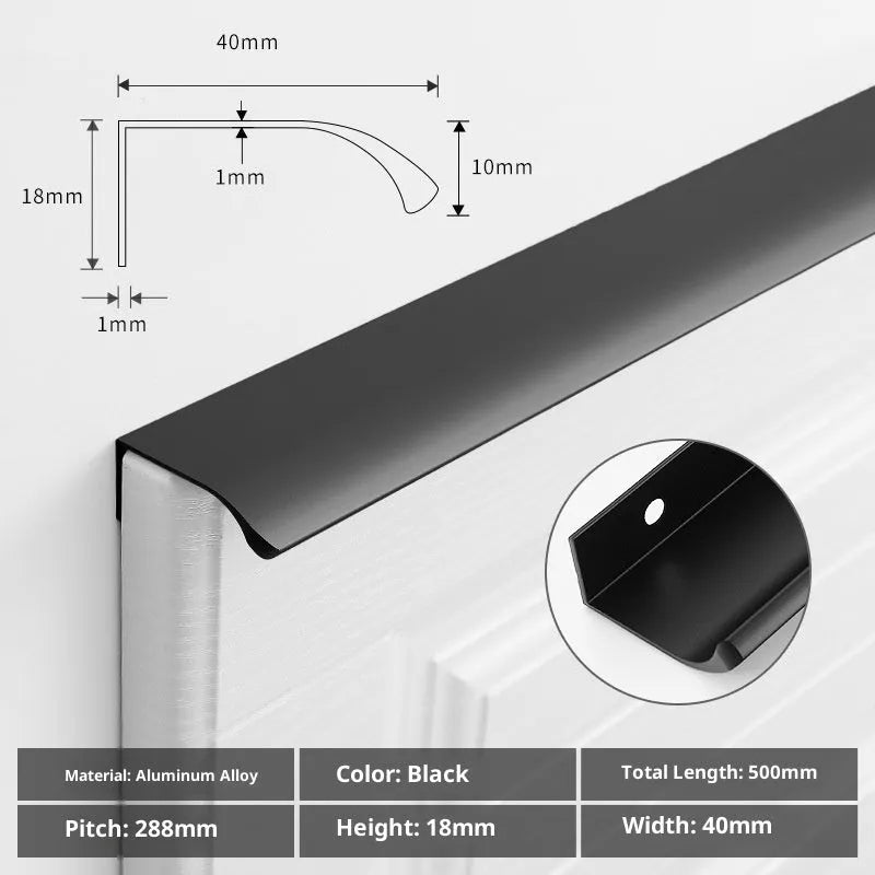 No-drill hidden cabinet handle in aluminium alloy, black or gold, long pull for wardrobe or kitchen door