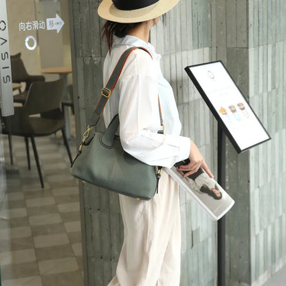 Women's genuine leather cross-body shoulder bag in horizontal square design with multiple internal compartments