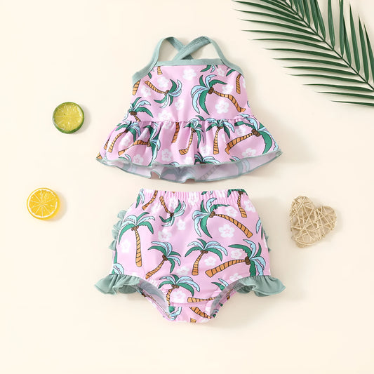 White children's two-piece polyester swimsuit set with a top and shorts on a hanger.