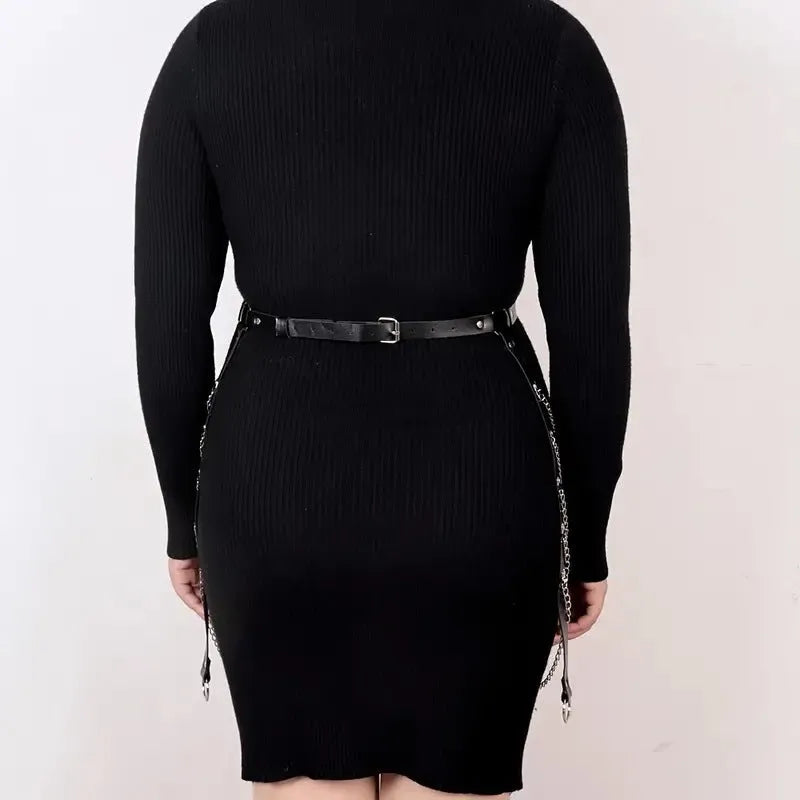 Black PU leather bandage-style waist chain clothing ornament for women