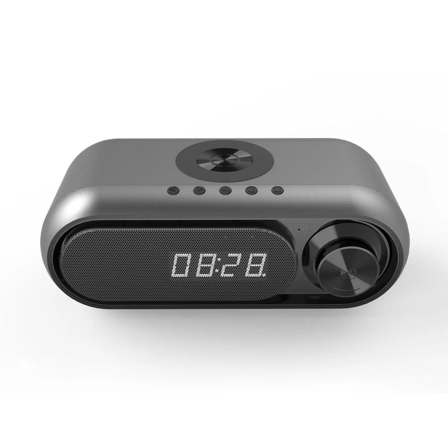 Space grey wireless charging bedside alarm clock with Bluetooth speaker and FM radio