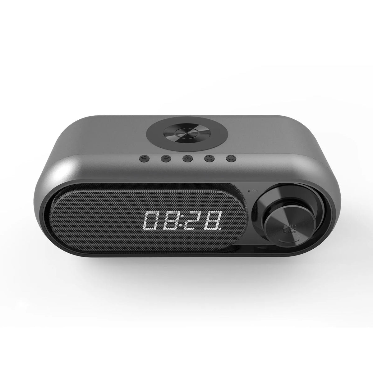 Space grey wireless charging bedside alarm clock with Bluetooth speaker and FM radio