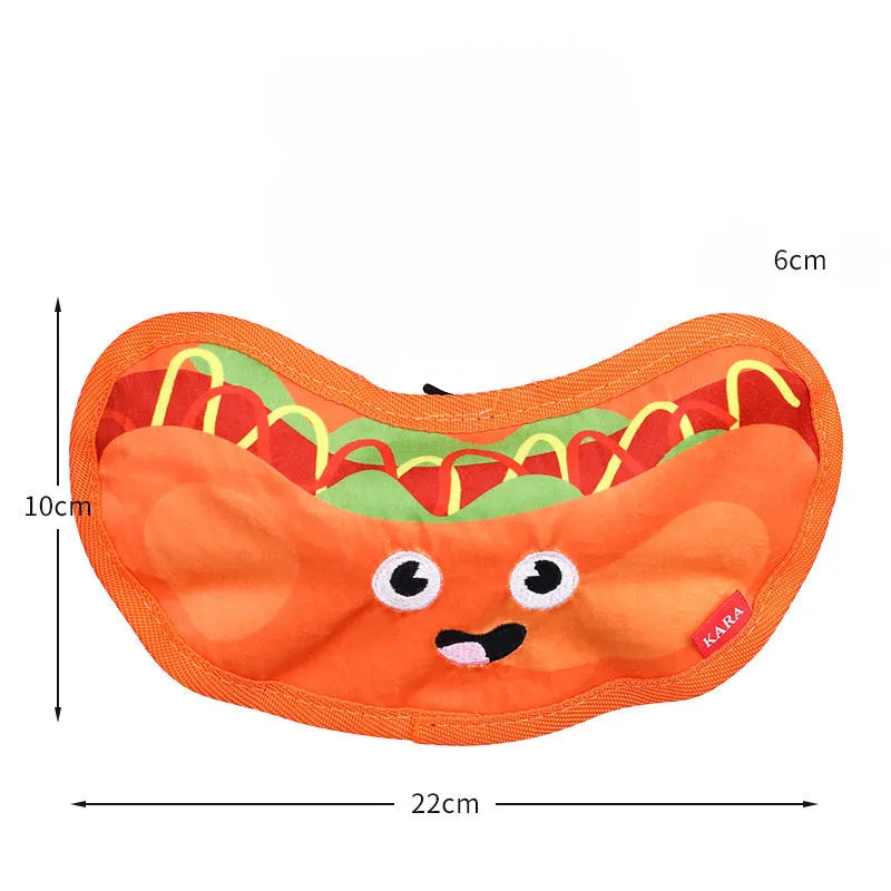 Food-themed crinkle and squeak dog toy in hamburger design for interactive play