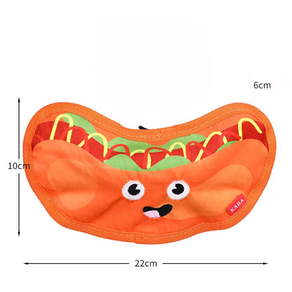 Food-themed crinkle and squeak dog toy in hamburger design for interactive play