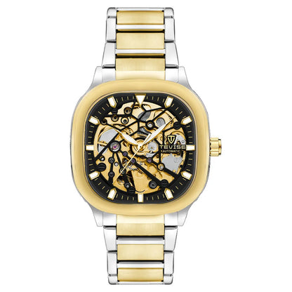 Men's square hollow automatic watch with luminous hands, stainless steel strap, and water resistance