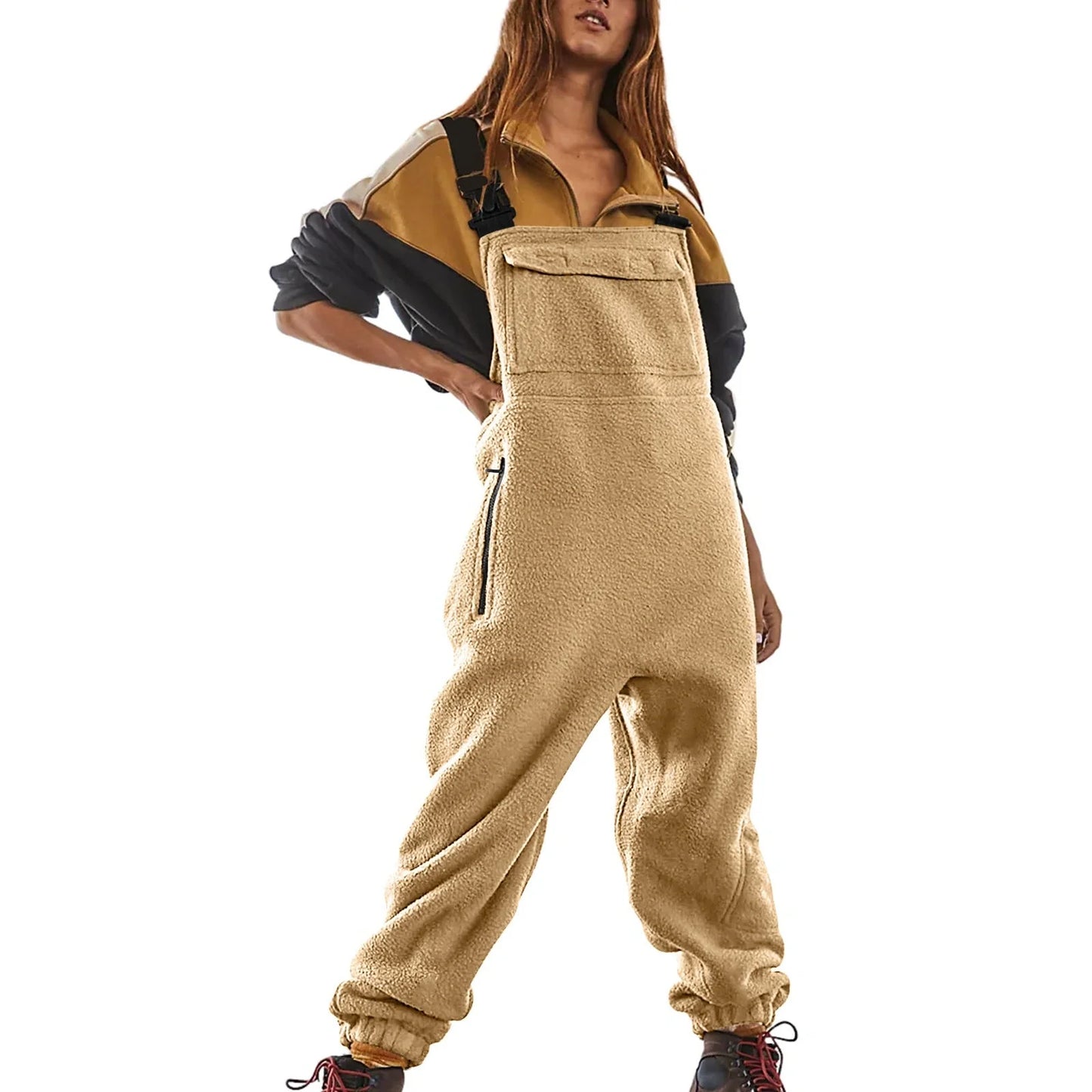 Premium polar fleece jumpsuit in various colors, featuring adjustable suspenders and a wide waistband for a customized fit.