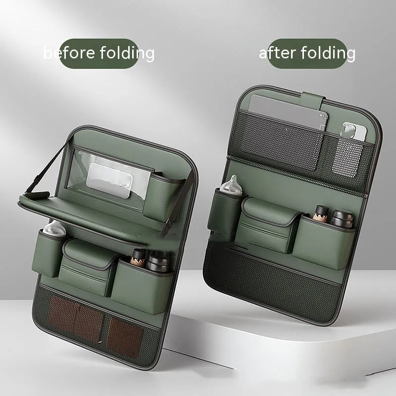 Leather car seat lazyback storage bag with foldable dining table, waterproof, 1.2kg, 48 x 25 x 6cm, in four colours.