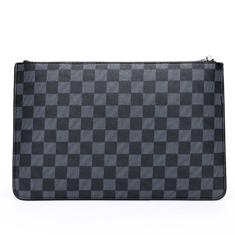 Men's black checkered PU leather clutch wallet open, showing six card slots and a central zippered pocket.