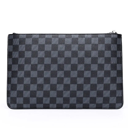 Men's black checkered PU leather clutch wallet open, showing six card slots and a central zippered pocket.