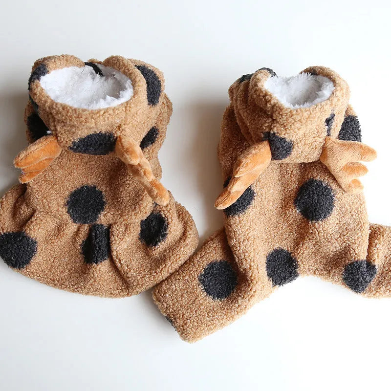 Polka dot elk design pet clothing for cat or dog, shown in four-leg and skirt style options.