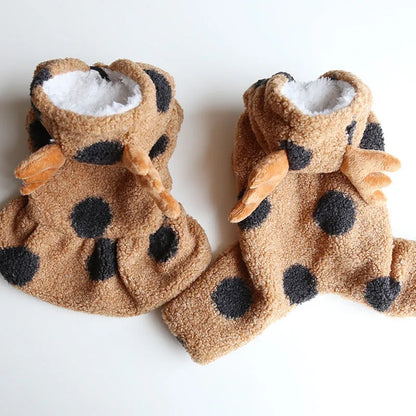 Polka dot elk design pet clothing for cat or dog, shown in four-leg and skirt style options.