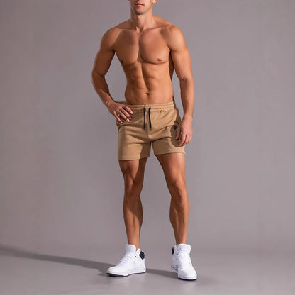 Khaki coconut print men's sports shorts with elastic waistband and straight leg design