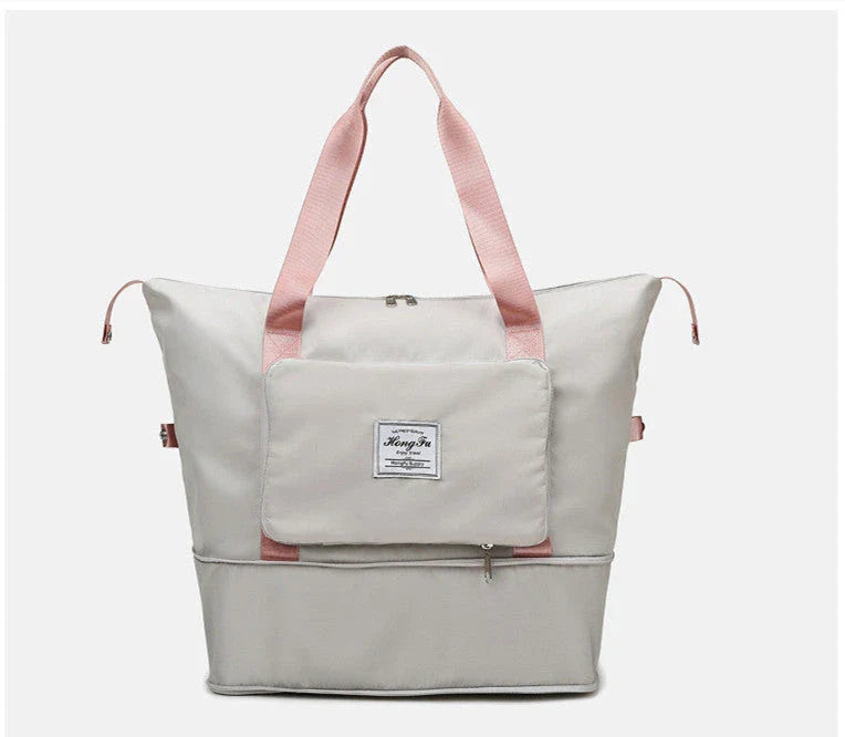 Roomy and foldable gym bag for women with waterproof Oxford fabric, multiple pockets, and wet/dry separation compartment