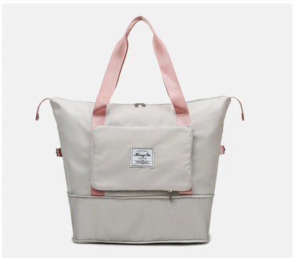 Roomy and foldable gym bag for women with waterproof Oxford fabric, multiple pockets, and wet/dry separation compartment